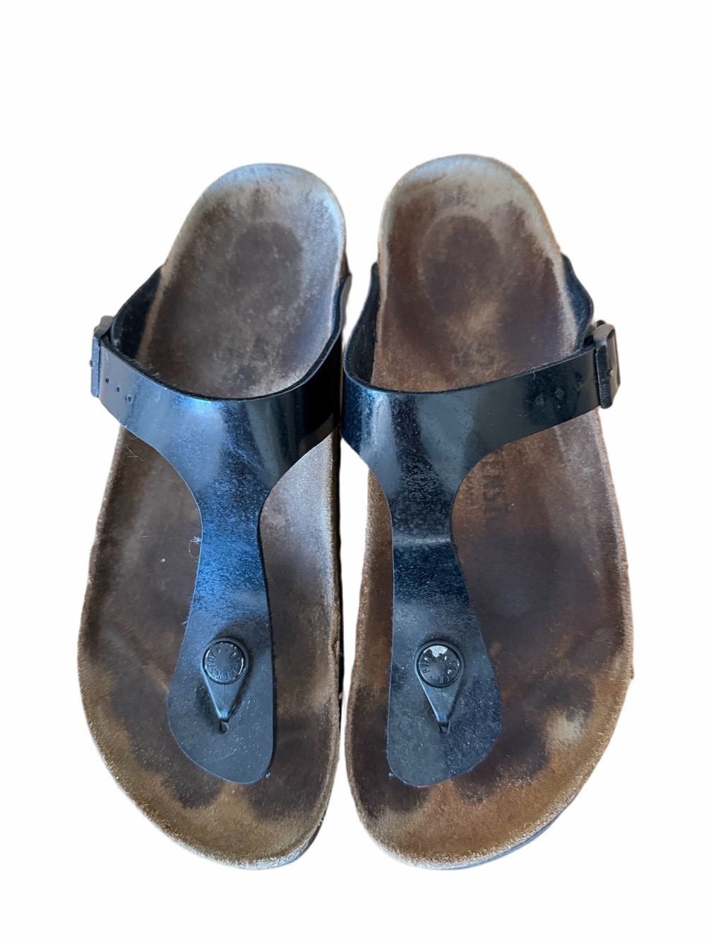 Birkenstocks Gizeh Black Patent Leather T-Strap Sandals